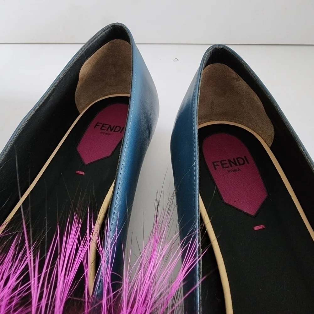 NEW Fendi Leather And Fur Monster Eye Pointed Toe Ballet Flats Size 38 - Picture 6 of 13